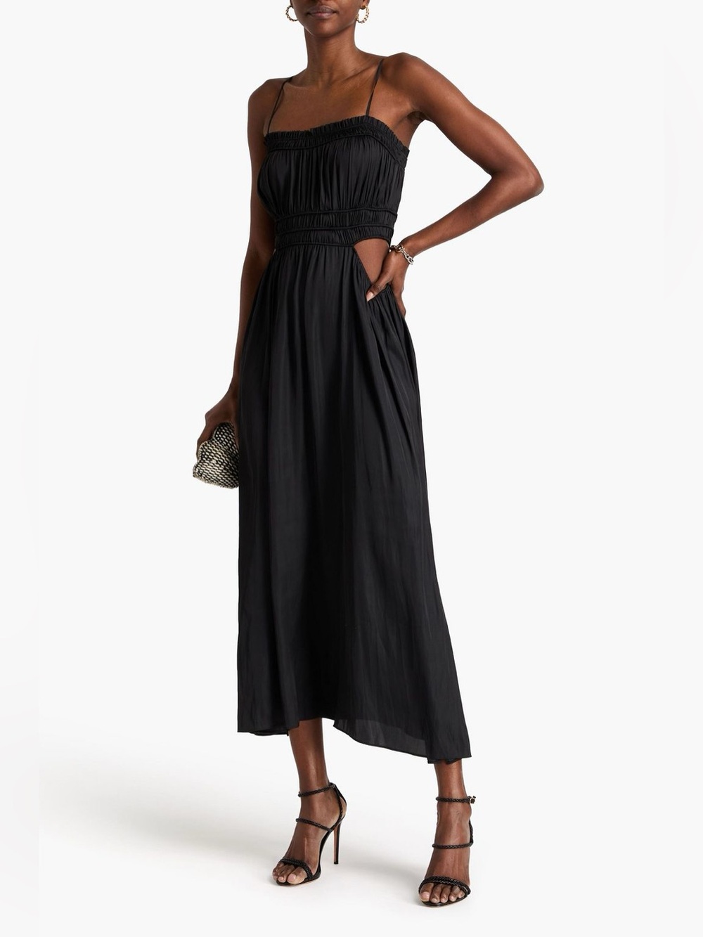 Maje Cutout Shirred Satin Midi Dress Black | Size 36 / US 4